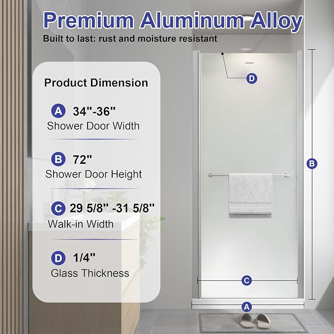 34"-36"W x 72"H Frameless Pivot Frosted Shower Door Brushed Nickel | 1/4"(6mm) SGCC Tempered Glass with Explosion-Proof Film &Nano Coating,Customizable Width
