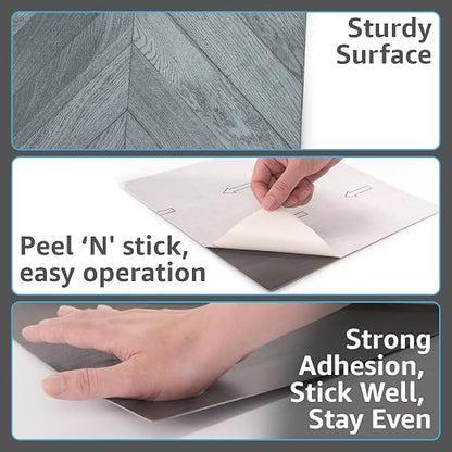 Art3d 60-Pack Herringbone Peel and Stick Floor Planks, 12 x 12 in, Grey | Premium Vinyl, Self-Adhesive, Waterproof, Wood Grain, Fade-Resistant, Scratch-Proof, Ideal for Kitchen, Dining Room, Bedrooms