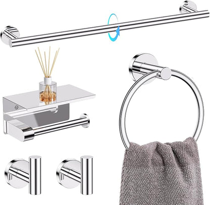 TQKAG 5 Piece Bathroom Towel Holder, Polished Chrome Bathroom Hardware Set | SUS304 Stainless Steel, 23.6" Toilet Paper Holder with Shelf, Towel Racks for Bathroom Wall Mounted, Towel Bars