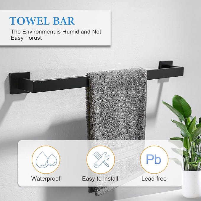 6-Piece Black Bathroom Hardware Set 23.6 Inch Towel Bar Set Double Towel Bar Towel Ring Coat Hook and Toilet Paper Holder with Shelf Wall Mounted Stainless Steel Bathroom Accessories Set