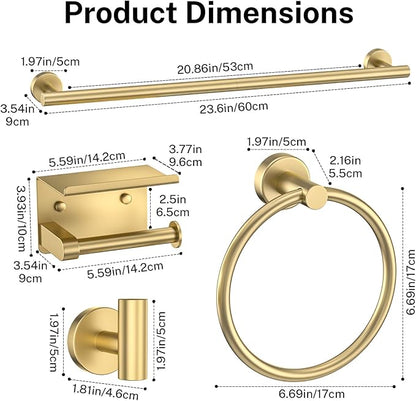 Brushed Gold Bathroom Hardware Set 5 Pieces Towel Bar Set Round Towel Holder Set for Bathroom,Upgraded Toilet Paper Holder with Shelf,Stainless Steel Wall Mounted 23.6 Inch