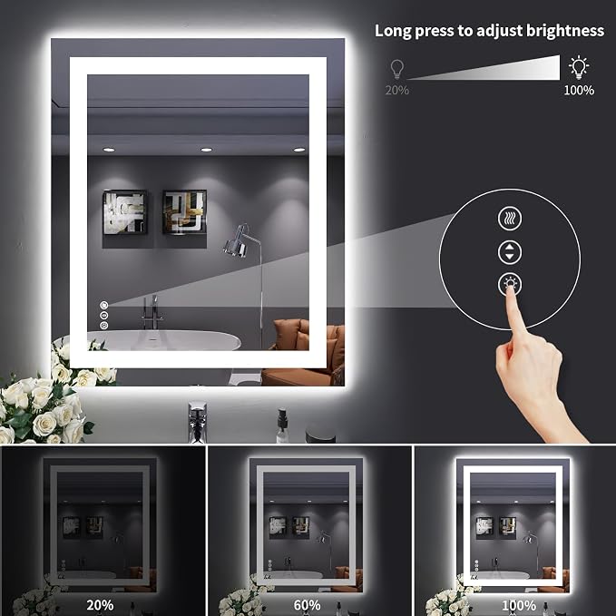 LOAAO 30X36 LED Bathroom Mirror with Lights, UL Listed | Anti-Fog, Dimmable, 3 Color Temperature, Backlit + Front Lit, Memory Function, Tempered Glass