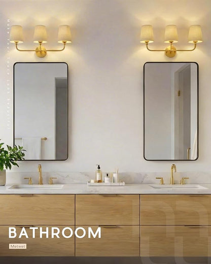 3-Light Bathroom Light Fixtures, Brushed Gold Vanity Lights with Brown Fabric Shade, Modern Sconces Wall Lighting for Hallway Bedroom, Upward Lighting, VL837-BG-L-3