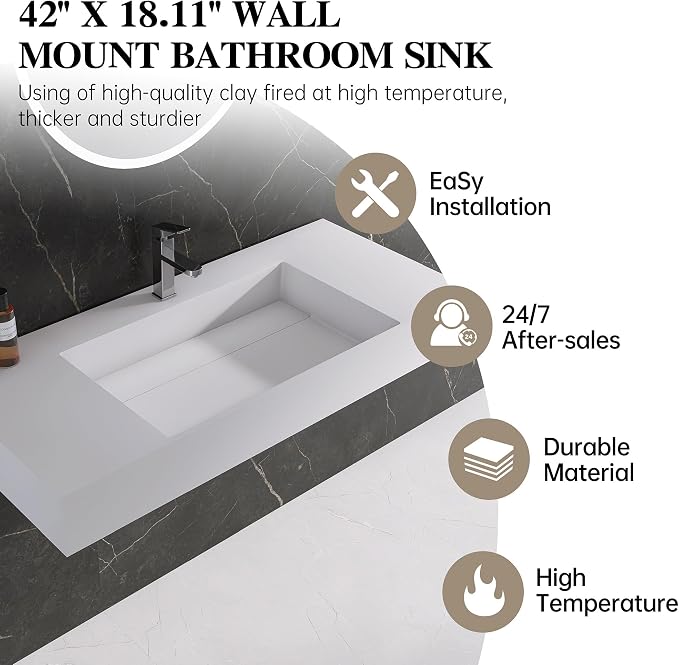 42" x 18" Wall Mount Sink, Stone Resin Rectangular Bathroom Sink | Modern Floating Vessel Sinks for Vanity, Art Basin Trough, Durable and Stylish Bathroom Sinks for Modern Homes, White