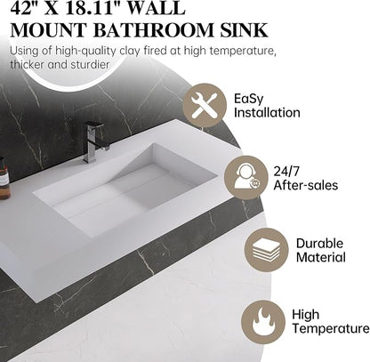 42" x 18" Wall Mount Sink, Stone Resin Rectangular Bathroom Sink | Modern Floating Vessel Sinks for Vanity, Art Basin Trough, Durable and Stylish Bathroom Sinks for Modern Homes, White
