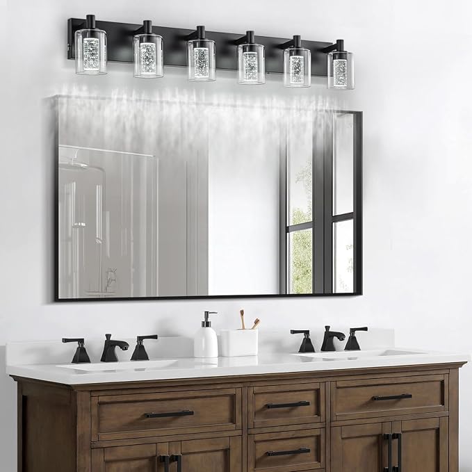 SineRise Vanity Light with 3 Color Modes (3000K/4000K/6000K), Eye Protection LED Bathroom Light Fixture, Dimmable Modern Wall Light Over Mirror with Clear Glass Shade (Black, 6-Light)