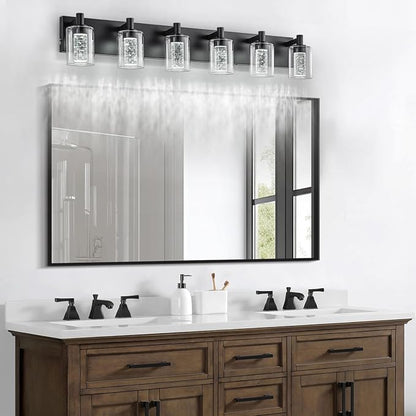 SineRise Vanity Light with 3 Color Modes (3000K/4000K/6000K), Eye Protection LED Bathroom Light Fixture, Dimmable Modern Wall Light Over Mirror with Clear Glass Shade (Black, 6-Light)