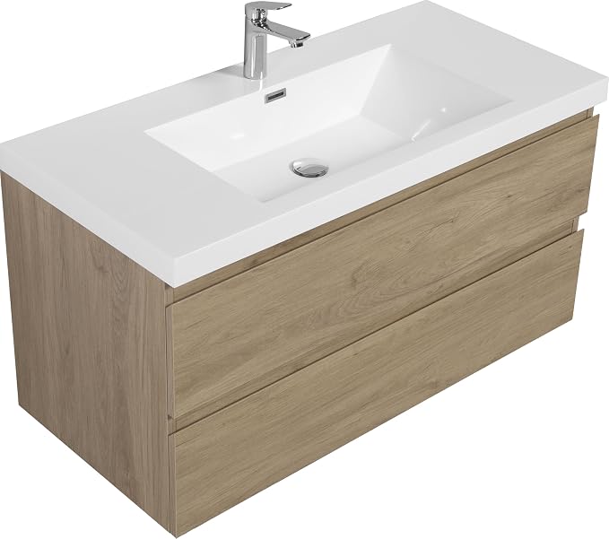 42 Inch Floating Bathroom Vanity with Sink, Wall Mounted Floating Vanity | Large Storage with 2 Soft Close Drawers, One-Piece Basin Bathroom Sink Cabinet, Natural Oak, Pre assembled