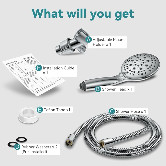 JDO High Pressure Handheld Shower Head, 6 Spray Settings, 4.3" High Flow Hand Shower Set with 59" Stainless Steel Hose and Adjustable Bracket for Bathroom Gym Hotel