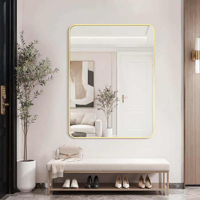 Bathroom Mirror for Wall, 30"x36" Black Bathroom Mirror for Over Sink, Shatterproof Tempered Glass Vanity Mirror with Anti-Rust Aluminum Alloy Frame, Hang Horizontally or Vertically, Gold