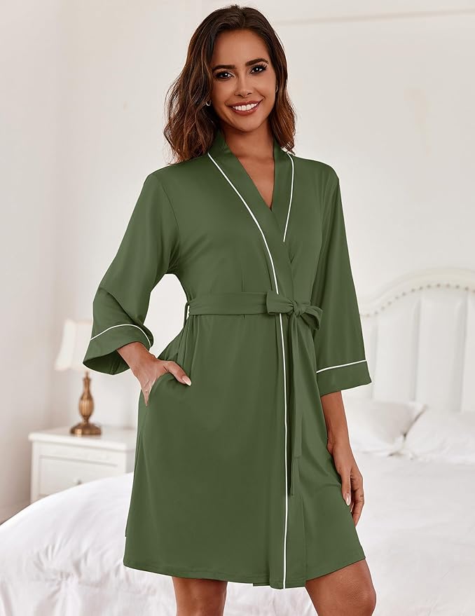 Ekouaer Women Kimono Robes Knee Length Knit Bathrobe Lightweight Soft Sleepwear V-neck Casual Ladies Loungewear