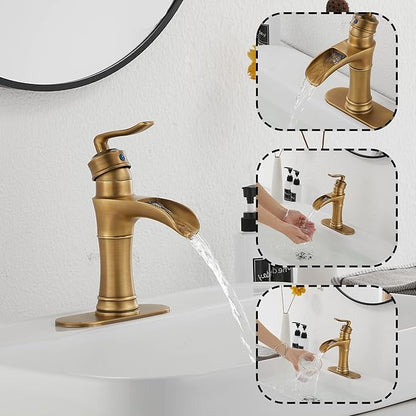 Waterfall Bathroom Faucet Antique Brass GGStudy Single Handle One Hole Farmhouse Bathroom Vanity Faucet Basin Mixter Tap Deck Mount with Drain Assembly