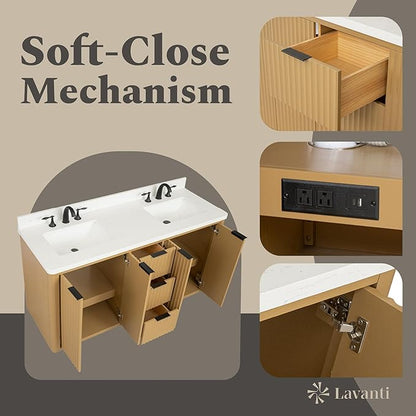 Lavanti Wooderna 60 Inch Bathroom Vanity with Sink – Stylish Firwood Oak Vanity Bathroom with Storage Cabinet – Modern Bathroom Vanities with Double Vanity Sink & Quartz Countertop