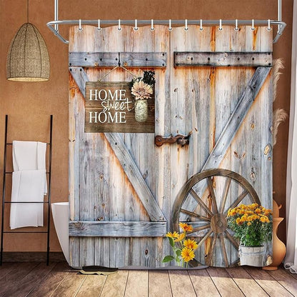 Retro Barn Door Shower Curtain for Bathroom, Western Farmhouse Yellow Daisy Floral Bath Curtain Sets,Fabric Countryside Wooden Cabin Decor Curtains with Hooks 60X70IN