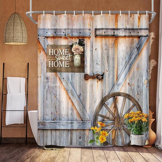 84 inch Extra Large Retro Barn Door Shower Curtain, Western Farmhouse Countryside Wooden Cabin Bath Curtain Sets for Bathroom,Fabric Vintage Yellow Flowers Decor Curtains with Hooks 72X84IN