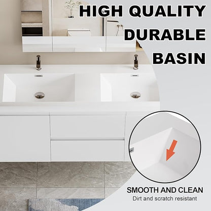 Wall Mounted 60 Inch Bathroom Vanity with Sink, Floating Vanity Bathroom, Double Sink Bathroom Vanity, 2 Drawers, 2 Soft Closing Doors, Resin Integrated Sink (Glossy White)