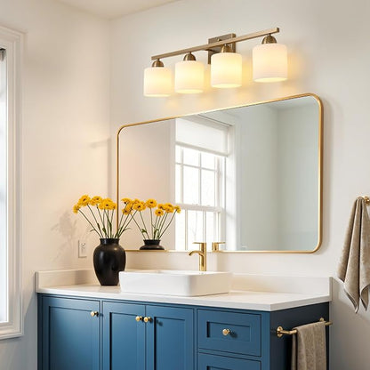 Mecgirn Milk Glass Vanity Lights for Bathroom, 4 Light Brass Bathroom Light Fixtures Over Mirror, Ceramic E26 Sockets Wall Mounted