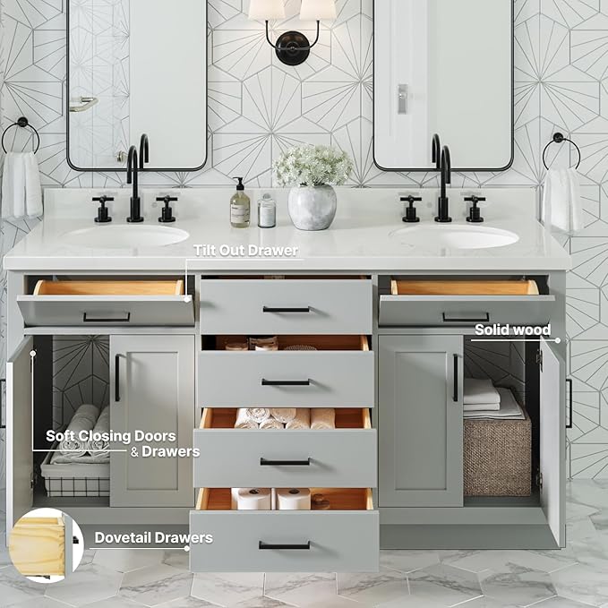 ARIEL Hepburn 66-inch Bathroom Vanity with Sink,Solid Wood, 1.5-inch Pure White Quartz Countertop & Backsplash, Double Oval Porcelain Sink, 4 Soft Closing Doors, 6 Dovetail Drawers, Grey