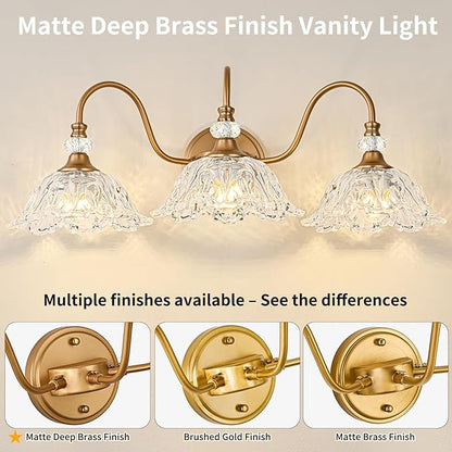 Vintage Bathroom Vanity Light, 3-Light Matte Deep Brass Finish Vanity Light with Flower-Shaped Clear Glass Shades, Retro Wall Sconce for Bathroom
