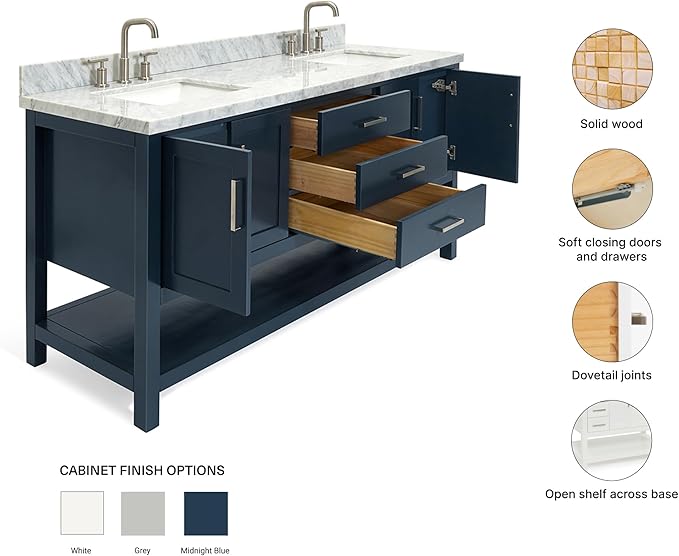 ARIEL Magnolia 72-inch Bathroom Vanity with Sink,Solid Wood, 1.5-inch Italian Carrara Marble Countertop, Double Rectangular Porcelain Sink, 4 Soft Closing Doors, 3 Dovetail Drawers, Midnight Blue
