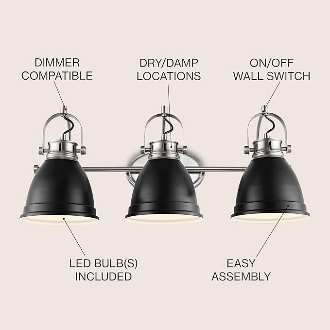 JONATHAN Y 25.5" Black/Nickel 3-Light LED Vanity Light, Adjustable Wall Sconce for Bathroom Mirror, Farmhouse Bohemian Kitchen Light, Iron Black Bell Shade (JYL1116A)