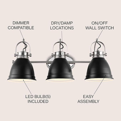 JONATHAN Y 25.5" Black/Nickel 3-Light LED Vanity Light, Adjustable Wall Sconce for Bathroom Mirror, Farmhouse Bohemian Kitchen Light, Iron Black Bell Shade (JYL1116A)