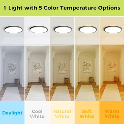 hepside 1Pack LED Flush Mount Ceiling Light Fixture, 15Inch 30W, Dimmable&3000K/3500K/4000K/5000K/6500K Adjustable Low Profile Ceiling Lights, Round Flat Ceiling Light for Kitchen,Hallway-Black