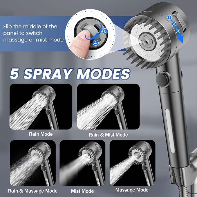 Filtered Shower Head with Handheld,High Pressure 5 Mode Shower with Filters | ON/OFF Switch Shower Filter Head for Hard Water, Remove Chlorine, Reduce Dry Itchy Skin,Holder & 60'' Hose Showerhead