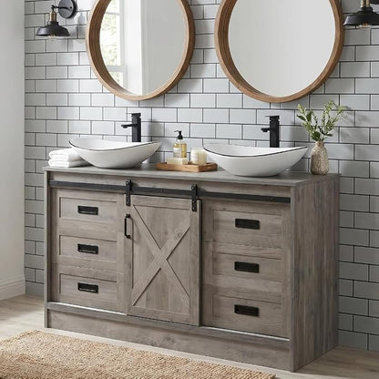48 inch Barn Door Bathroom Vanity with 6 Drawers, Farmhouse Style Standing Pedestal Cabinet with Two White Ceramic Boat Sink with Black Trim
