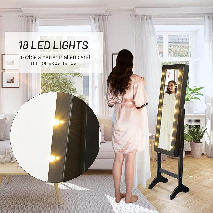 Moccha 18 LEDs Standing Jewelry Armoire, Large Lockable Jewelry Organizer, Mirrored Jewelry Cabinet with Full Length Mirror, 1 Inside Makeup Mirror, 4 Storage Shelves, 16 Lipstick Holders, Black