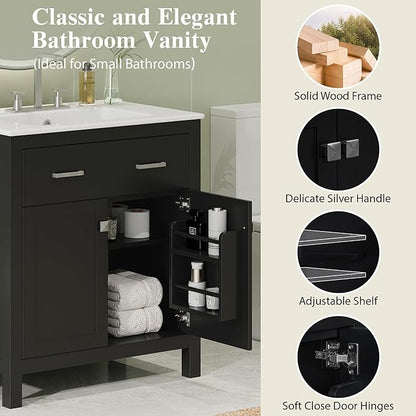 Harper & Bright Designs 60" Bathroom Vanity Set with Double Sink, Vanity Cabinet with Flip Drawer, 2 Doors, and Adjustable Shelf, Solid Wood Bathroom Cabinet with Ceramic Basin for Bathroom, Black