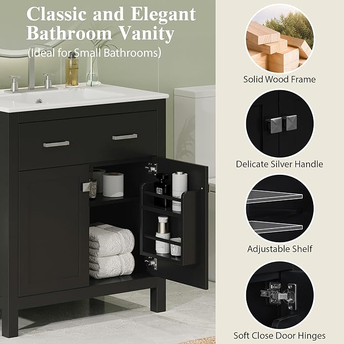 Favfurish 60" Double Bathroom Vanity,Free Standing Double Basin Vanity Set w/ 2 Ceramic Sinks,Adjustable Shelf & Soft Close Doors,Solid Wood Frame Storage Cabinet w/Flip Drawer,for Bathroom,Black