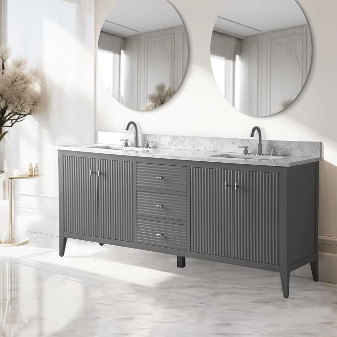 Vanity Art 72 inch Bathroom Vanity with Double Sink & Ceramic Top, Vanity Cabinet with Soft-Closing Door, Solid Wood Frame, Linear Pattern, Cashmere Gray, Golden Brushed Handware VA9172-DG-GB