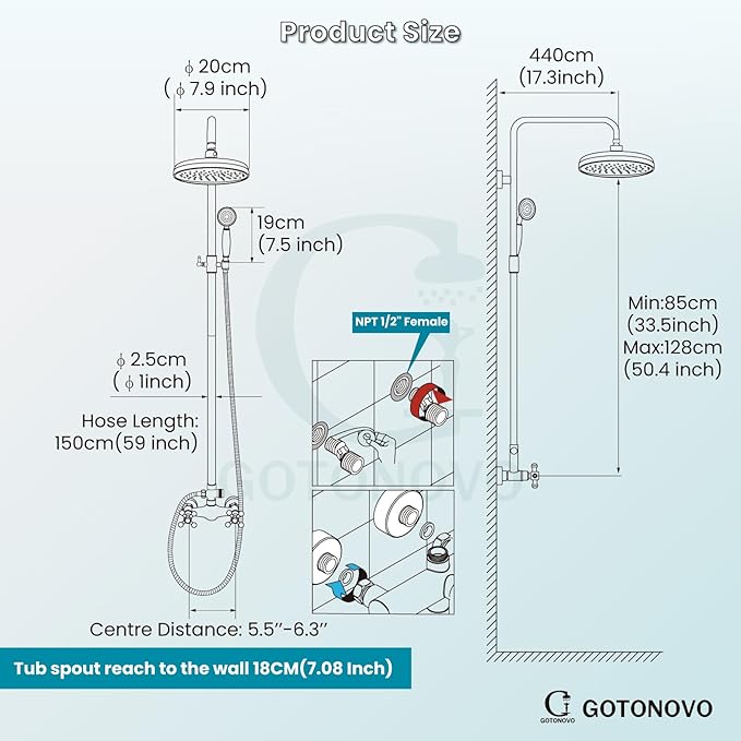 gotonovo Luxury Exposed Shower Faucet Set Bathroom Shower System 8 Inch Wall Mount Rainfall Shower Head with Handheld Spray Cross Double Handle Shower Fixture Adjustable Straight Rod Antique brass
