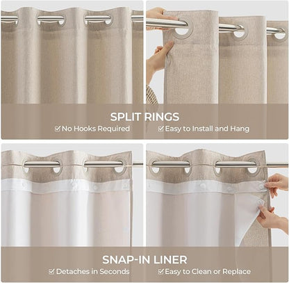 River Dream Linen Textured No Hooks Shower Curtain with Liner,Linen,71x86 | Extra Long,with Snap-in Liner,Heavy Duty Fabric,Quick Dry,Bottom Magnets,Water-Repellent,Washable,Farmhouse Bathroom Set