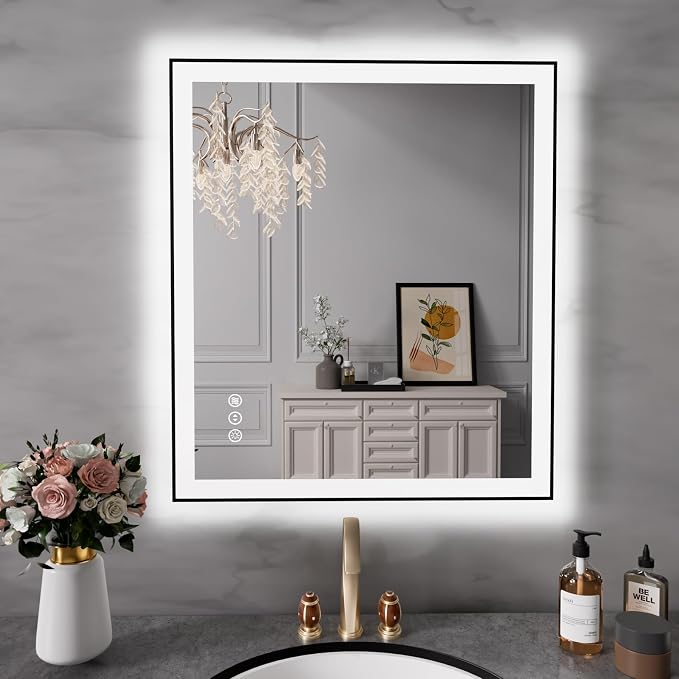 28x32 Inch LED Bathroom Mirror with Black Frame | Black Metal Frame, Front and Backlit, 3 Colors, Dimmable, Memory, Anti Fog, Tempered Glass, Lighted Mirror for Wall