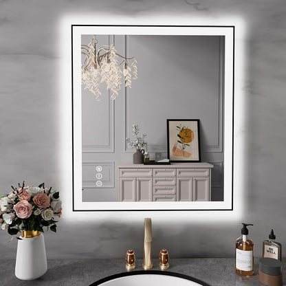 28x32 Inch LED Bathroom Mirror with Black Frame | Black Metal Frame, Front and Backlit, 3 Colors, Dimmable, Memory, Anti Fog, Tempered Glass, Lighted Mirror for Wall
