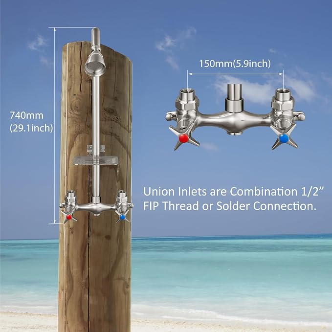 Aolemi Outdoor Shower Kit,2-Handle with Soap Dish,Brushed Nickel | Solid Brass Showerhead and Valve,SUS304 Riser,6-Inch Centers,Soap Dish,Reversible Upward/Downward Exposed Shower Install