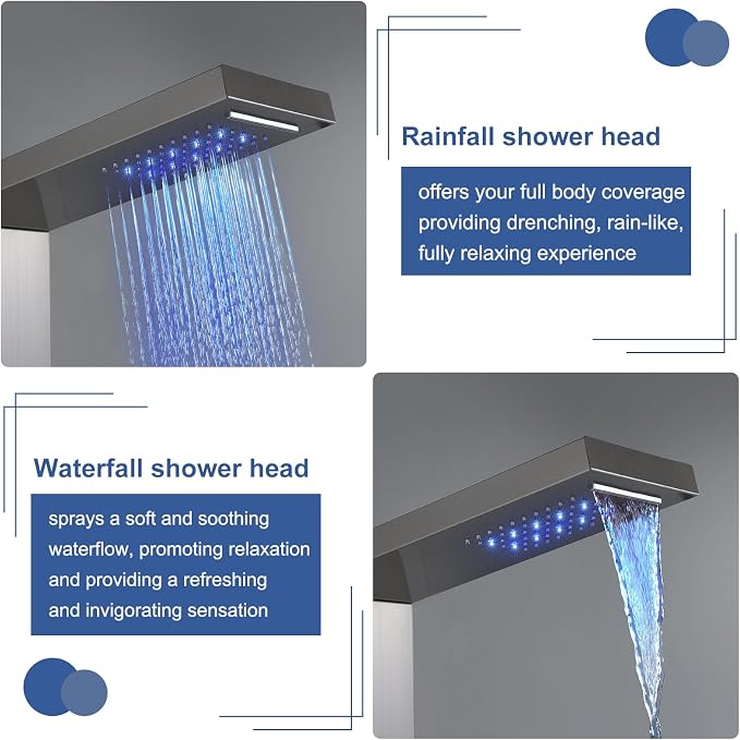 ROVATE LED Shower Panel Tower with Shelf and 6 Adjustable Jets, Brushed | All-in-one Stainless Steel Shower Tower Integrates Overhead Spray, Body Jets, Handheld, and Shelf into A Space-saving System