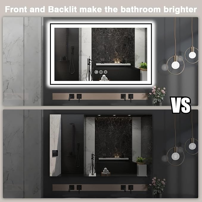 EchosLife 60x36 LED Mirror for Bathroom - Black Aluminum Framed | Black Frame, Front and Backlit, Anti-Fog, Stepless Dimmable, 3 Colors, Memory, Tempered Glass, UL Listed, Horizontal/Vertical