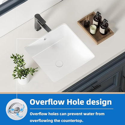 16 Inch Small Square White Undermount Bathroom Sink 16.15" x 16.15" Vanity Under Counter Basin Porcelain Rectangle Vessel Sink for Tiny Place Opening Size 14.17" x 14.17" Lavamanos Para Baños KINGWONG