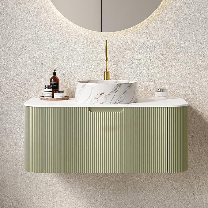 36'' Bathroom Vanities Cabinet with Sink Combo, Wall Mounted Floating Cabinet W/Curved Edges Stripes, Oak Plywood, Soft-close System with a Drawer, White Round Ceramic Basin - Kiel, Light Green/S