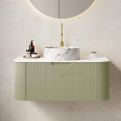 36'' Bathroom Vanities Cabinet with Sink Combo, Wall Mounted Floating Cabinet W/Curved Edges Stripes, Oak Plywood, Soft-close System with a Drawer, White Round Ceramic Basin - Kiel, Light Green/S