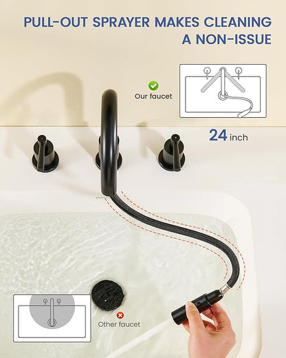 Bathroom Faucet with Sprayer - Matte Black Bathroom Faucet 3 Holes - Widespread Sink Faucets 2 Handles - Pull Down Vanity Faucets with Pop Up Drain and Supply Lines