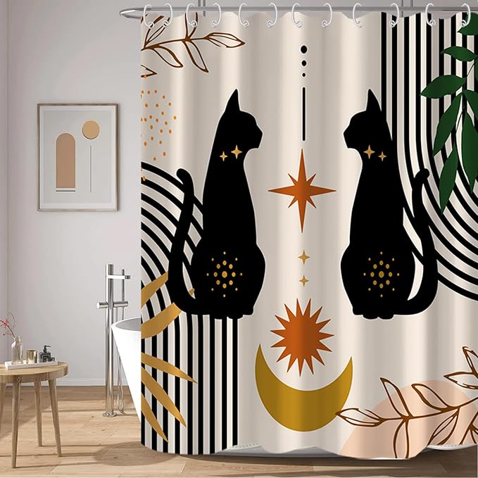 AWERT Boho Mid Century Cute Cat Shower Curtain for Bathroom with Hooks Minimalist Abstract Fabric Shower Curtain 60x72inch