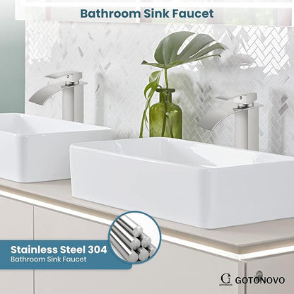gotonovo Waterfall Tall Bathroom Faucet 1 Hole No Drain, Brushed Nickel | Modern Vessel Sink Faucet Single Handle 304 Stainless Steel,24” cUPC Supply Hoses,for Bowl Basin Lavatory Vanity Restroom RV