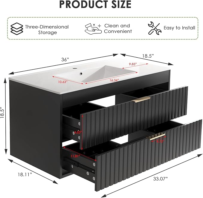 36" Bathroom Vanity with Sink, Floating Bathroom Vanity with 2 Fluted Drawers & Metal Handle, Wall Mounted Cabinets with Integrated Ceramic Sink for Apartment, Home, Black