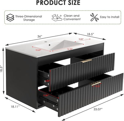 36" Bathroom Vanity with Sink, Floating Bathroom Vanity with 2 Fluted Drawers & Metal Handle, Wall Mounted Cabinets with Integrated Ceramic Sink for Apartment, Home, Black