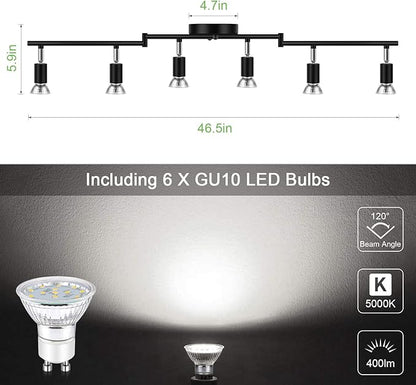Unicozin LED 6 Light Track Lighting Kit, 46.5'' Black 6 Way Ceiling Spot Lighting, Flexibly Rotatable Head, Track Light Included 6 x LED GU10 Bulb (4W, Daylight White 5000K, 400LM)