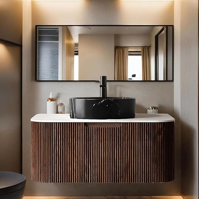36" Floating Bathroom Vanity with Sink, Wall-Mount Modern Bathroom Cabinet with Ultra-Thin Stone Pattern Ceramic Basin and Marble Top, Large Storage Drawer, Soft-Close Design, Dark Walnut
